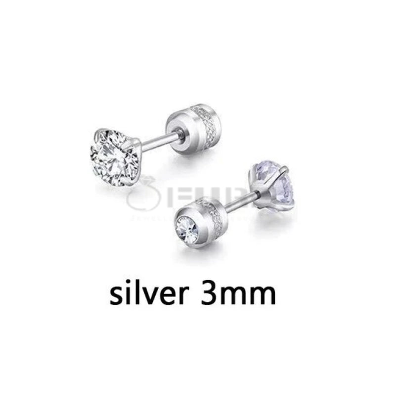 3Mm Silver Trendy Screw Back Cubic Zirconia Crystal Cartilage Stud Earrings