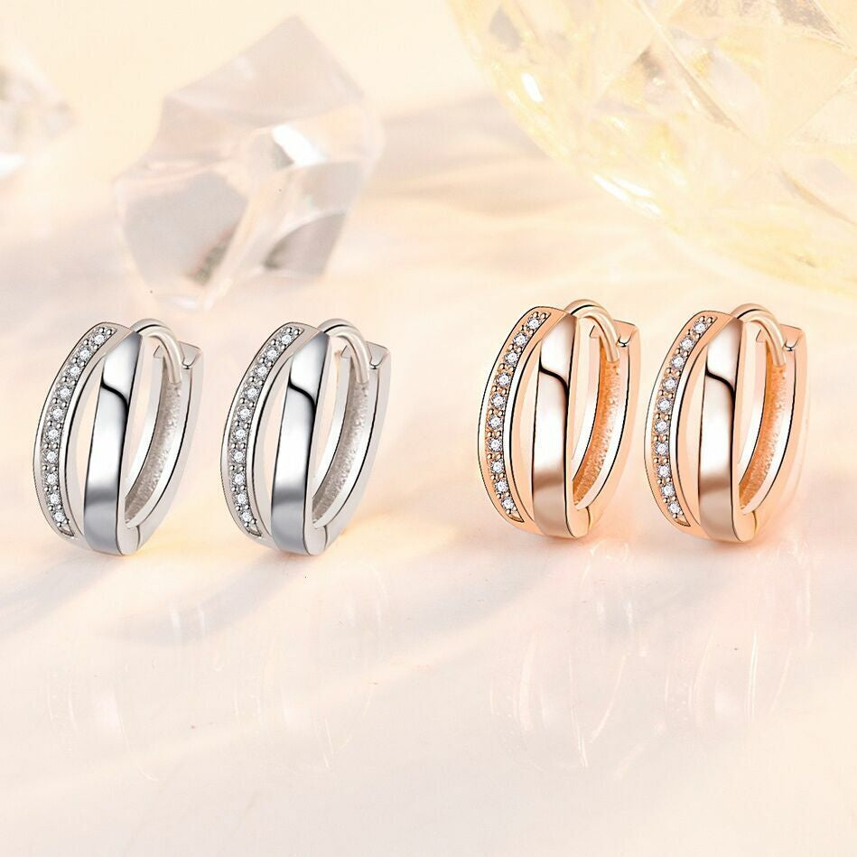 Crystal Huggie Hoop Double Layer Earrings  Sterling Silver 