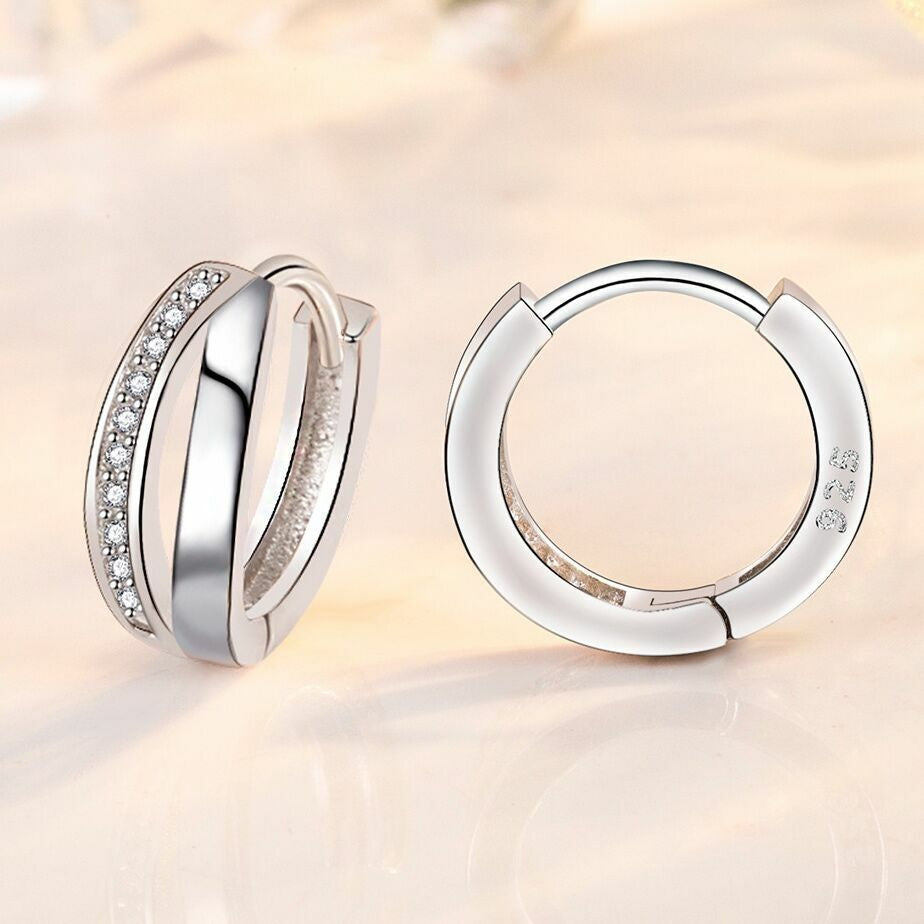 Crystal Huggie Hoop Double Layer Earrings  Sterling Silver 