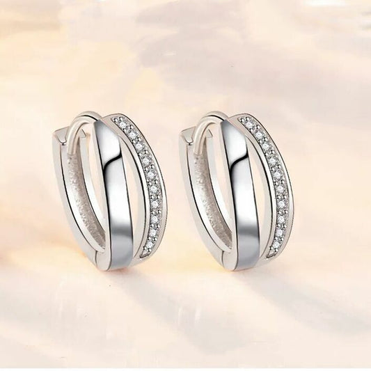 Crystal Huggie Hoop Double Layer Earrings  Sterling Silver 