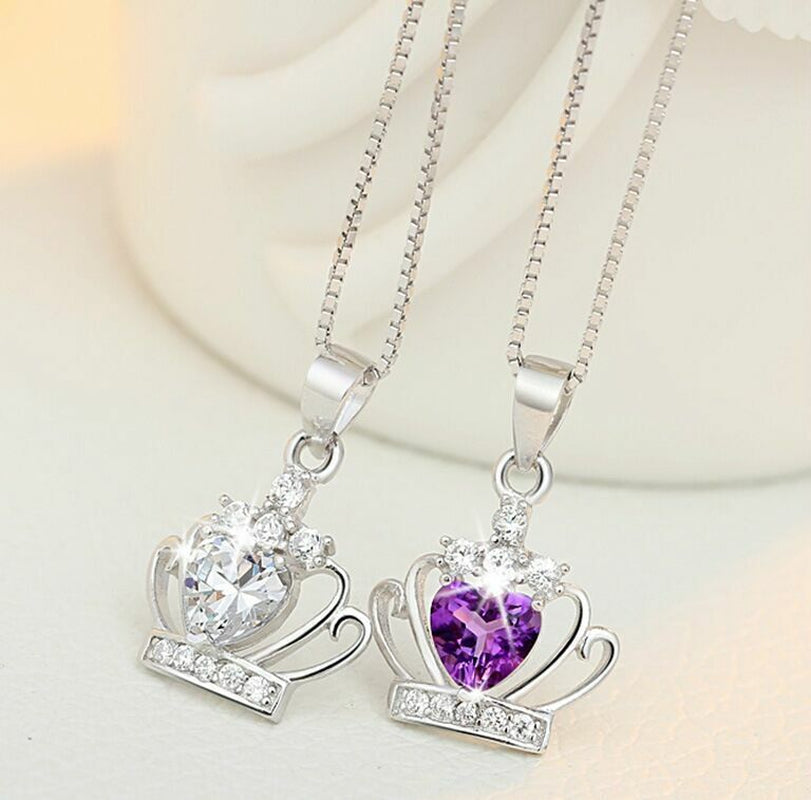 Womens Sterling Silver Crystal Crown Pendant 