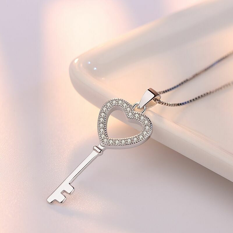 Women Crystal Heart Key Pendant Chain Necklace 