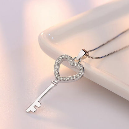 Women Crystal Heart Key Pendant Chain Necklace 