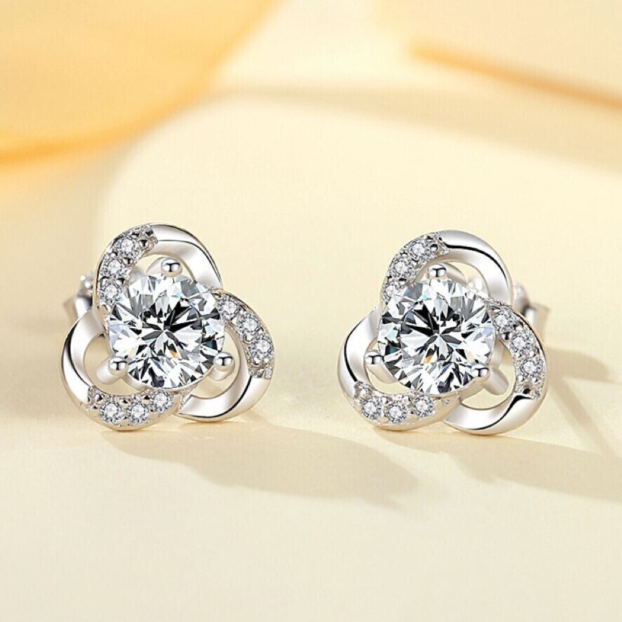  Sterling Silver Crystal Swirl Stud Earrings