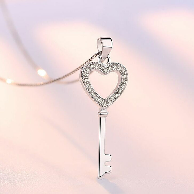 Women Crystal Heart Key Pendant Chain Necklace 
