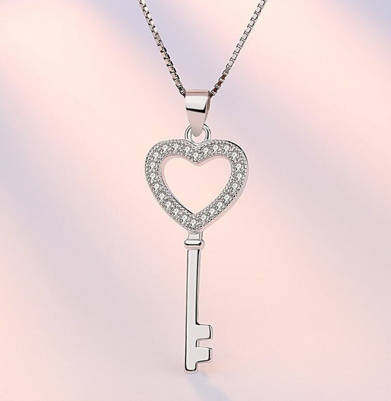 Women Crystal Heart Key Pendant Chain Necklace 