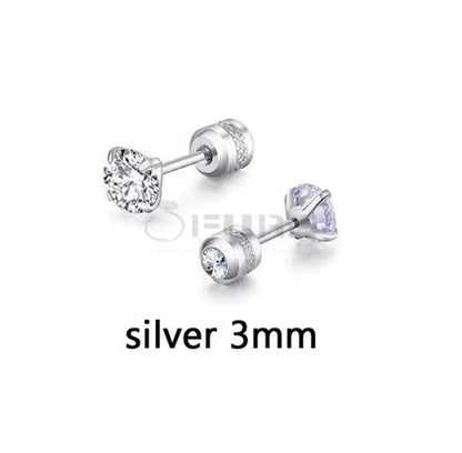 3Mm Silver Trendy Screw Back Cubic Zirconia Crystal Cartilage Stud Earrings