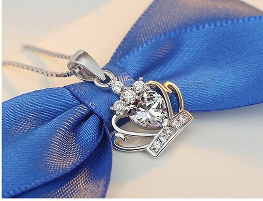 Womens Sterling Silver Crystal Crown Pendant 