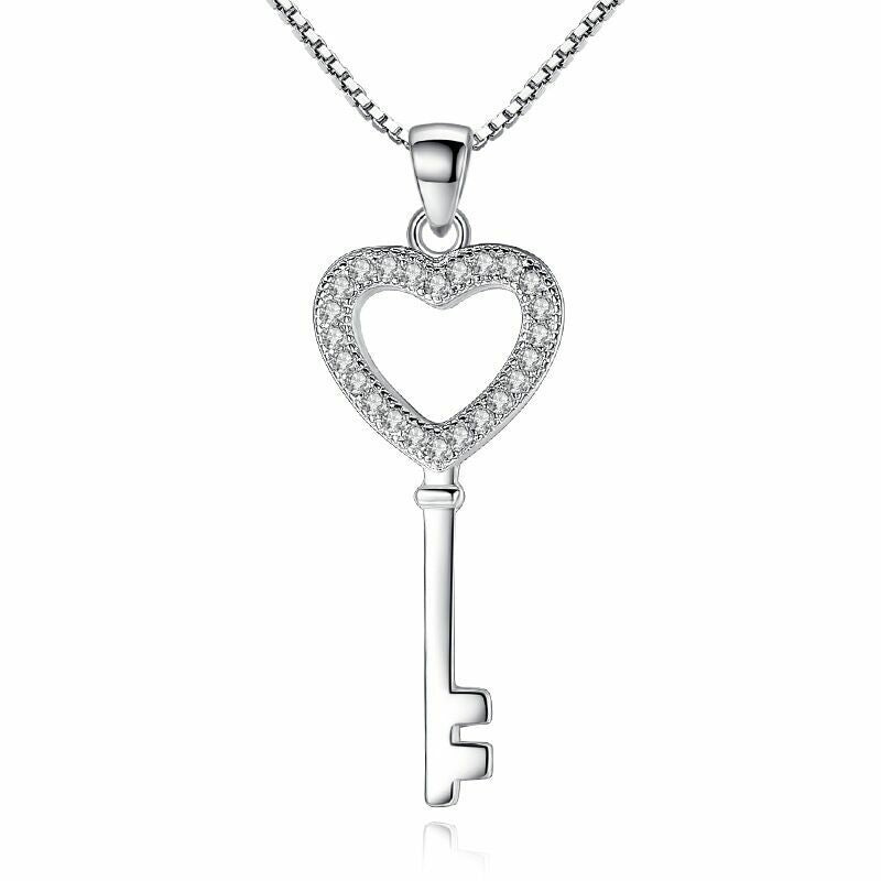 Women Crystal Heart Key Pendant Chain Necklace 