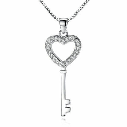 Women Crystal Heart Key Pendant Chain Necklace 