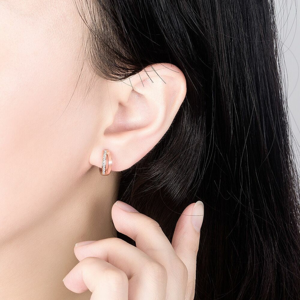 Crystal Huggie Hoop Double Layer Earrings  Sterling Silver 